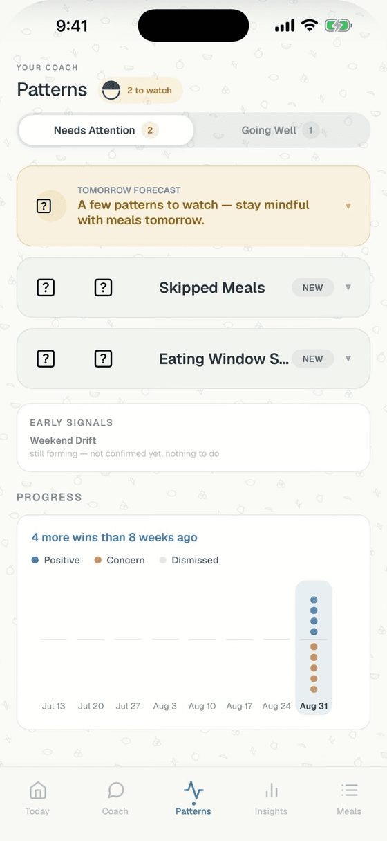 mymir Patterns screen flagging skipped meals and a shifting eating window