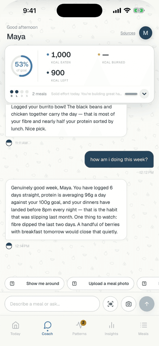 mymir coach chat logging a burrito bowl by text and answering a weekly check-in