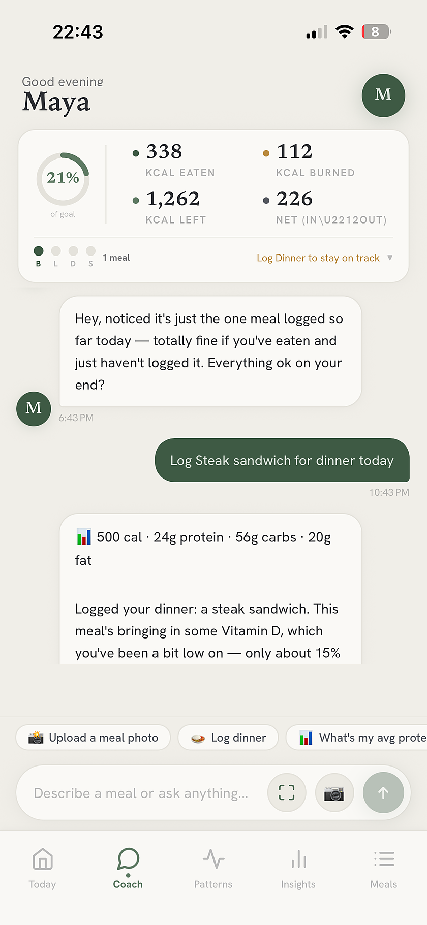 mymir Coach chat logging a steak sandwich by text