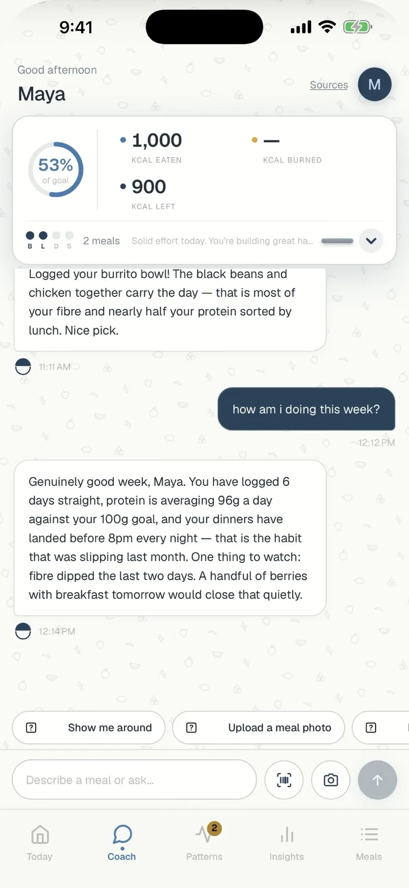 mymir Coach chat logging a burrito bowl by text and answering "how am I doing this week?"