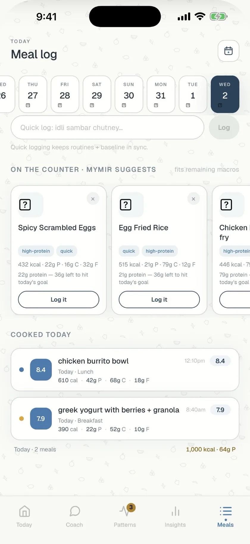 mymir Meal log with quick logging and suggestions that fit the macros left today