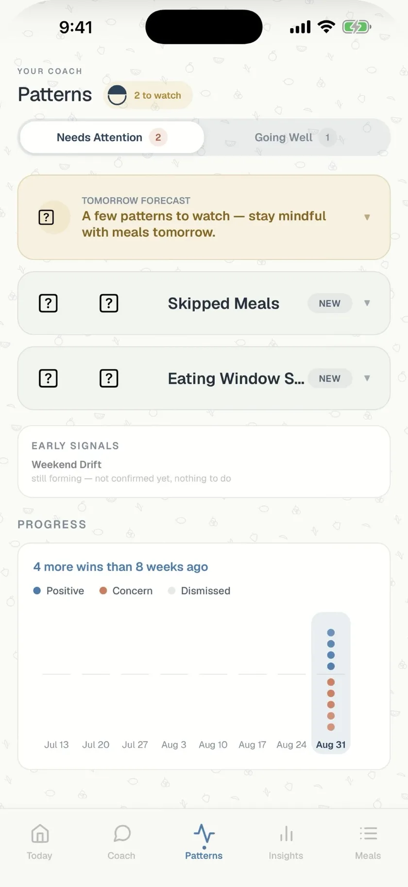 mymir Patterns screen flagging skipped meals and a shifting eating window, with a tomorrow forecast